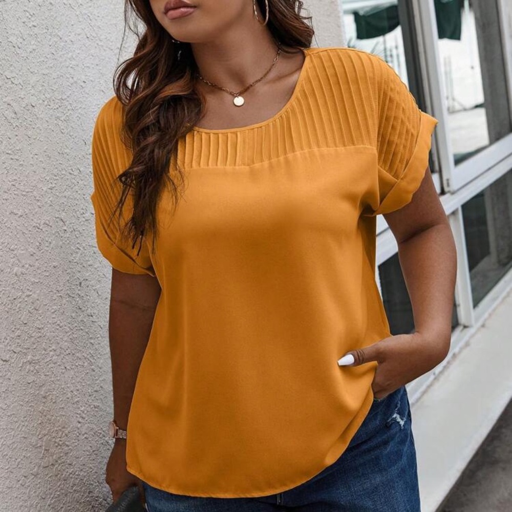 Orange Puff Sleeve Ribbed Blouse